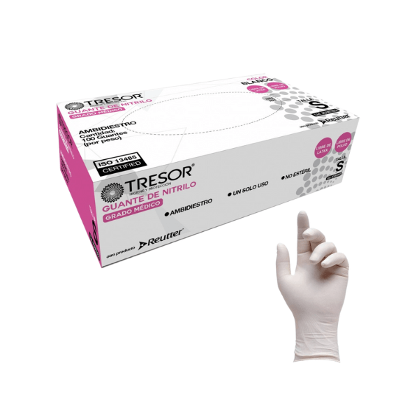 Guantes de nitrilo blancos Tresor en talla L, caja de 100 unidades.