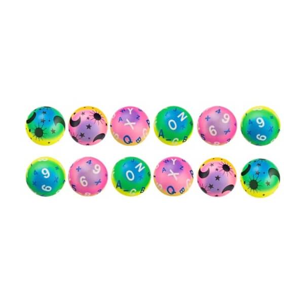 Set de 12 pelotas de relajación anti estrés de espuma multicolor con números, letras y símbolos.