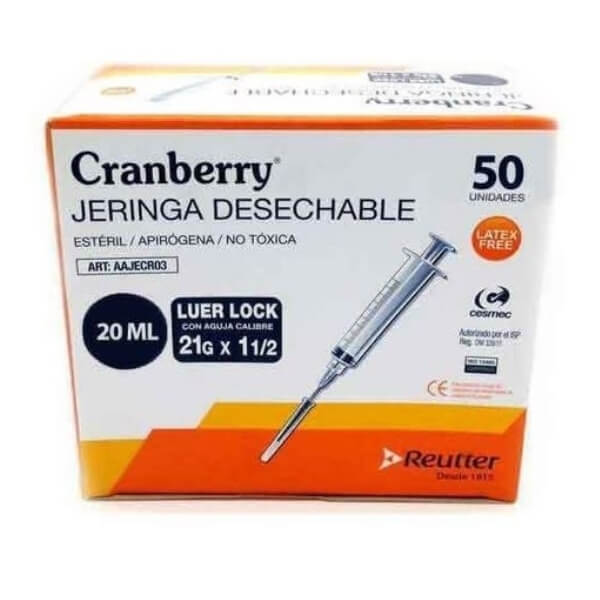 Jeringa 20 ml con aguja desechable Luer Lock Cranberry.