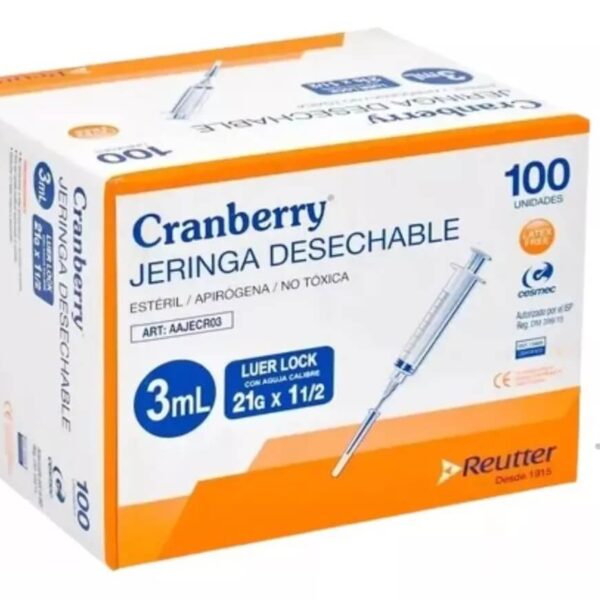 Jeringa 3 ml con aguja desechable Luer Lock Cranberry.